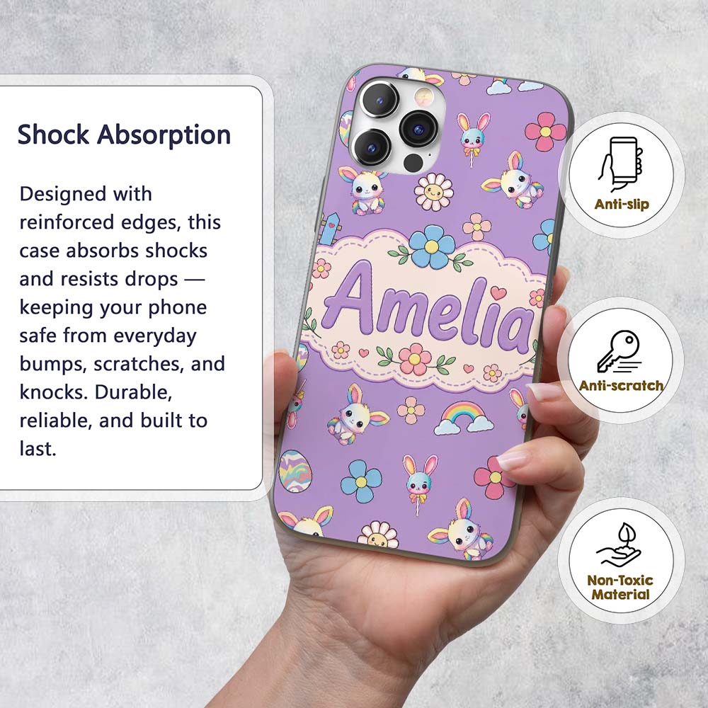 Cute Rainbow Bunny Flower Easter Egg Seamless Custom Name Protective Phone Case Mobile Cover Durable Everyday Smartphone Shock Resistant