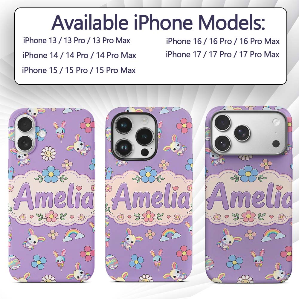 Cute Rainbow Bunny Flower Easter Egg Seamless Custom Name Protective Phone Case Mobile Cover Durable Everyday Smartphone Shock Resistant
