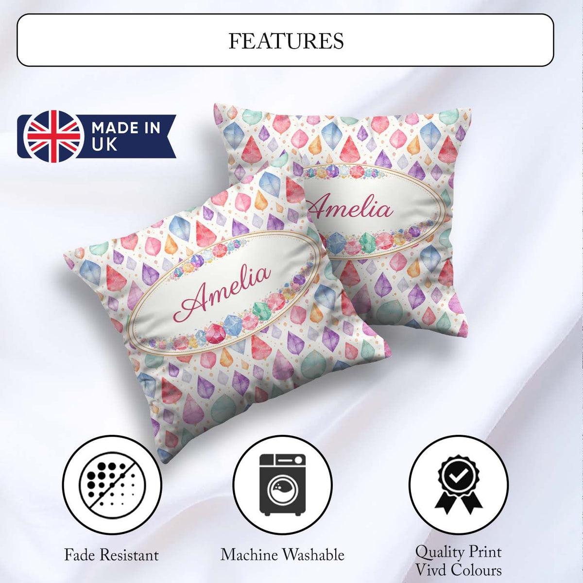 Custom Name Pastel Gemstone Seamless Light Background Watercolor Square Filled Cushion Throw Pillow Sofa Bed Home Decor Zip Washable UK Made