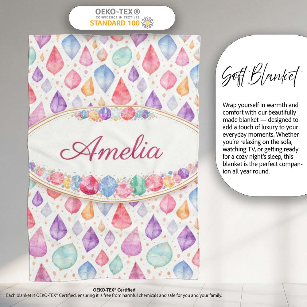 Soft Pastel Gemstone Seamless Light Background Watercolor Crystal Personalised Custom Name Super Soft Fleece Blanket Bed Sofa Throw