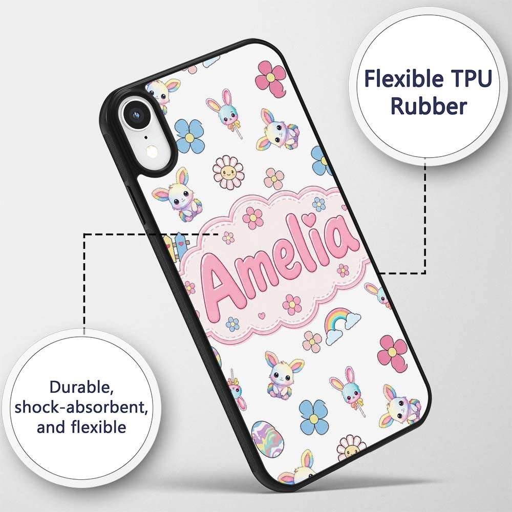 Cute Rainbow Bunny Flower Easter Egg Seamless Custom Name Protective Phone Case Mobile Cover Durable Everyday Smartphone Shock Resistant