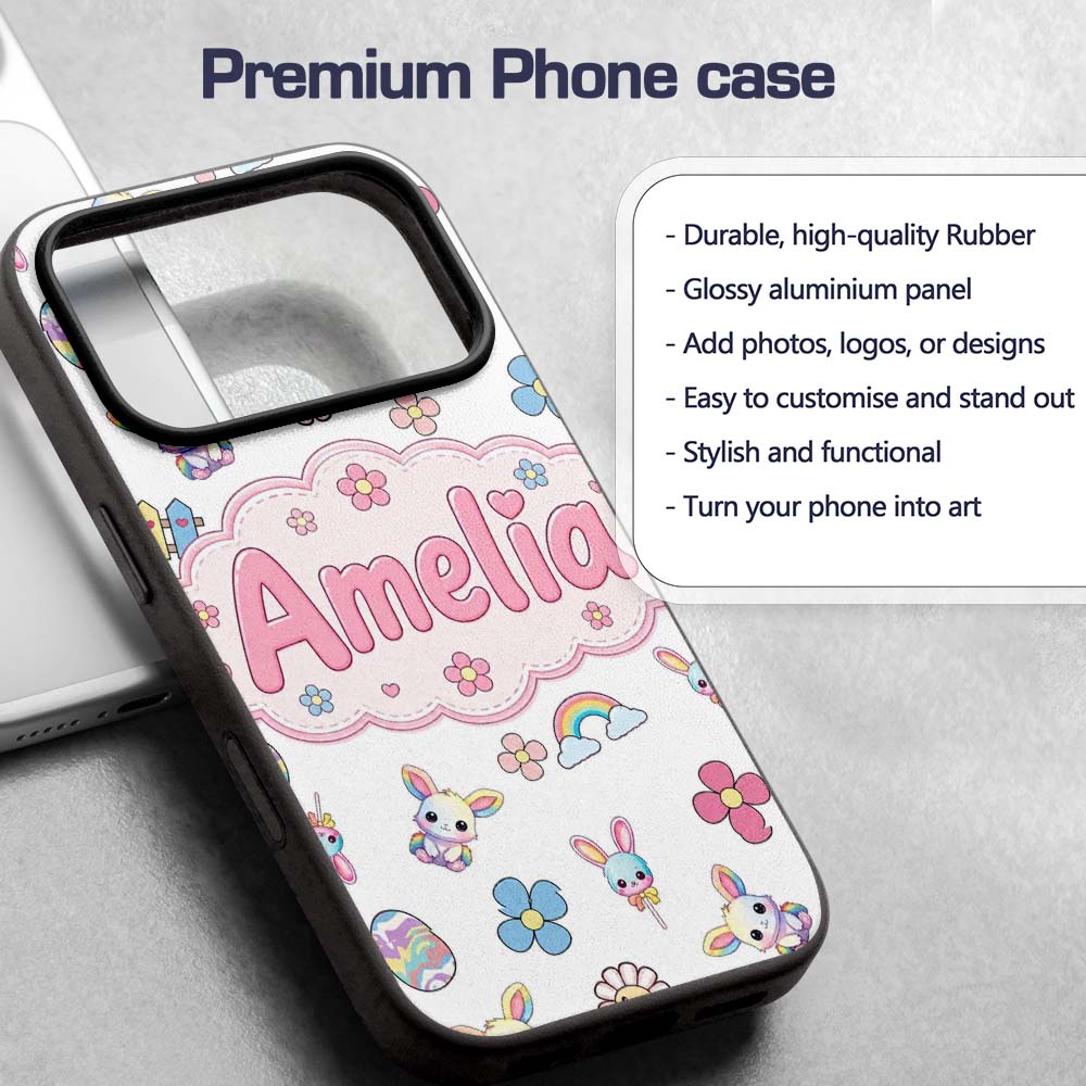 Cute Rainbow Bunny Flower Easter Egg Seamless Custom Name Protective Phone Case Mobile Cover Durable Everyday Smartphone Shock Resistant