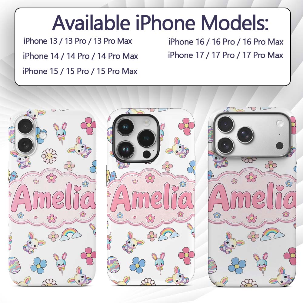 Cute Rainbow Bunny Flower Easter Egg Seamless Custom Name Protective Phone Case Mobile Cover Durable Everyday Smartphone Shock Resistant