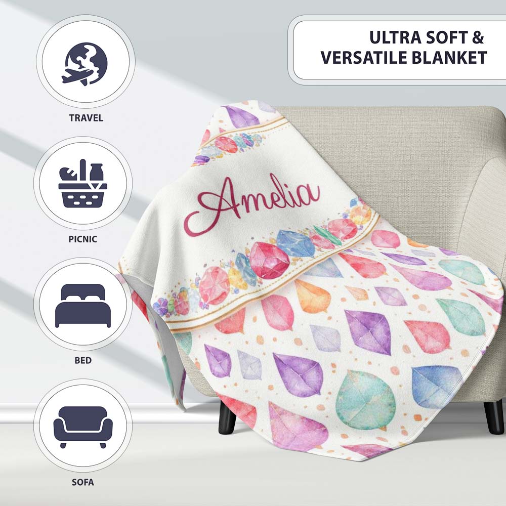 Soft Pastel Gemstone Seamless Light Background Watercolor Crystal Personalised Custom Name Super Soft Fleece Blanket Bed Sofa Throw