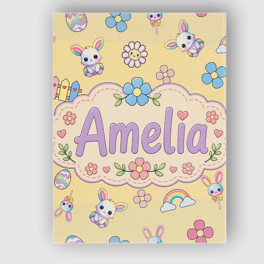 Personalised Name Cute Rainbow Bunny Flower Custom Bespoke Interior Contemporary Canvas Wall Art Print Decor Picture Ready to Hang