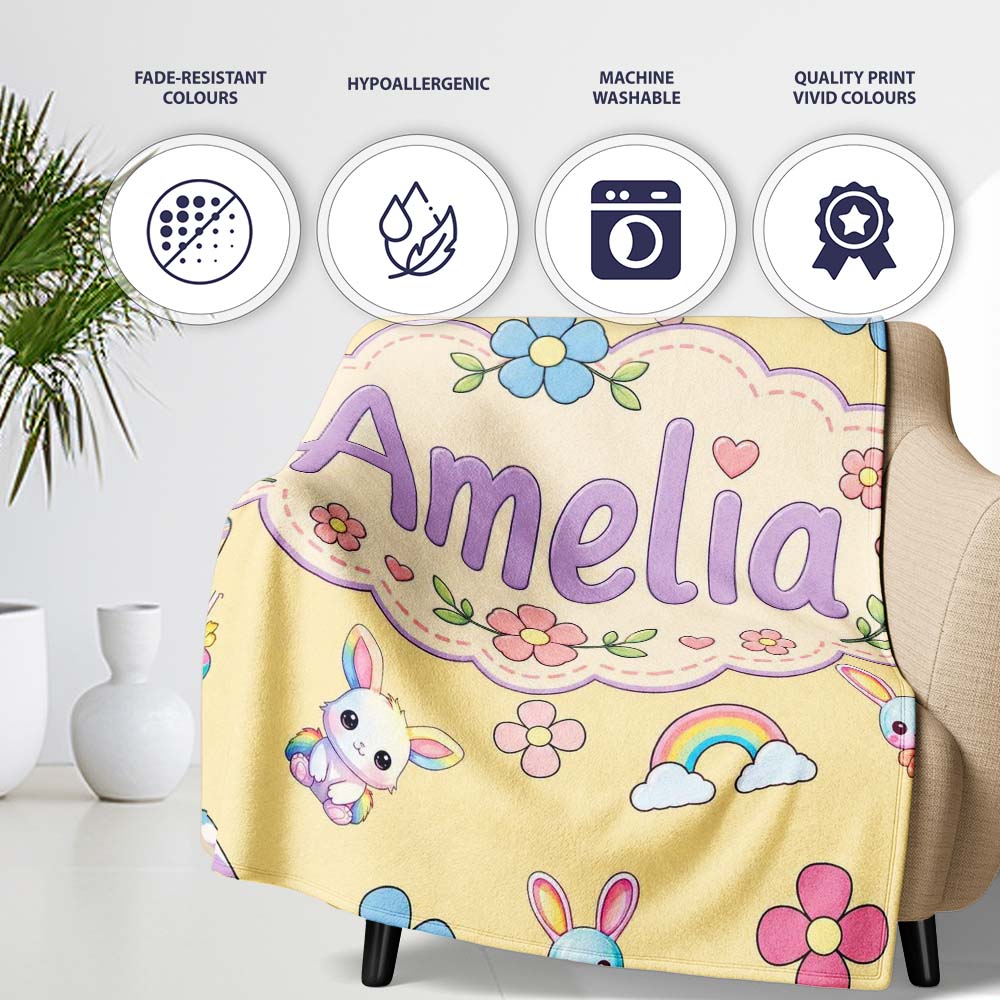 Cute Rainbow Bunny Flower Easter Egg Seamless Pattern Yellow Personalised Custom Name Super Soft Fleece Blanket Bed Sofa Throw