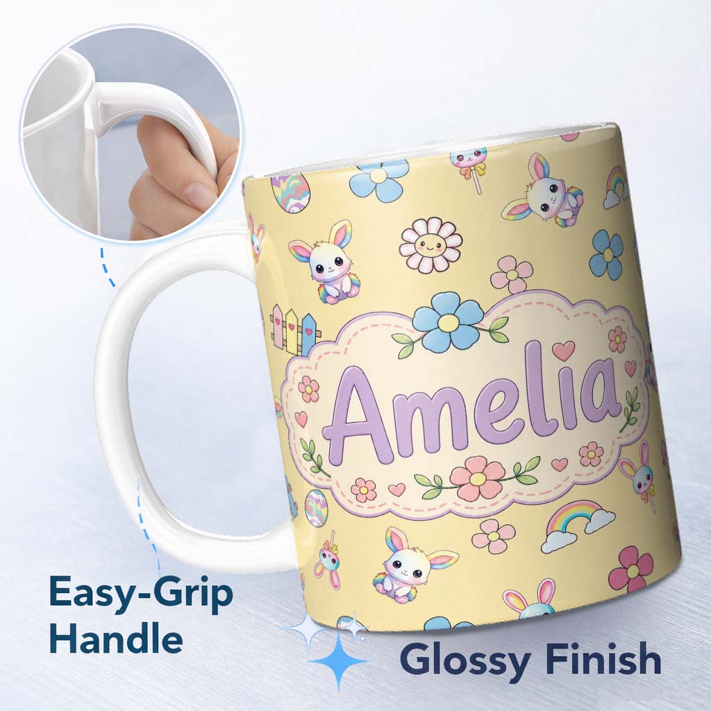 Personalized Custom Name Cute Rainbow Bunny Flower Easter Egg Seamless Pattern Yellow 11oz Ceramic Coffee Tea Mug White Large Handle