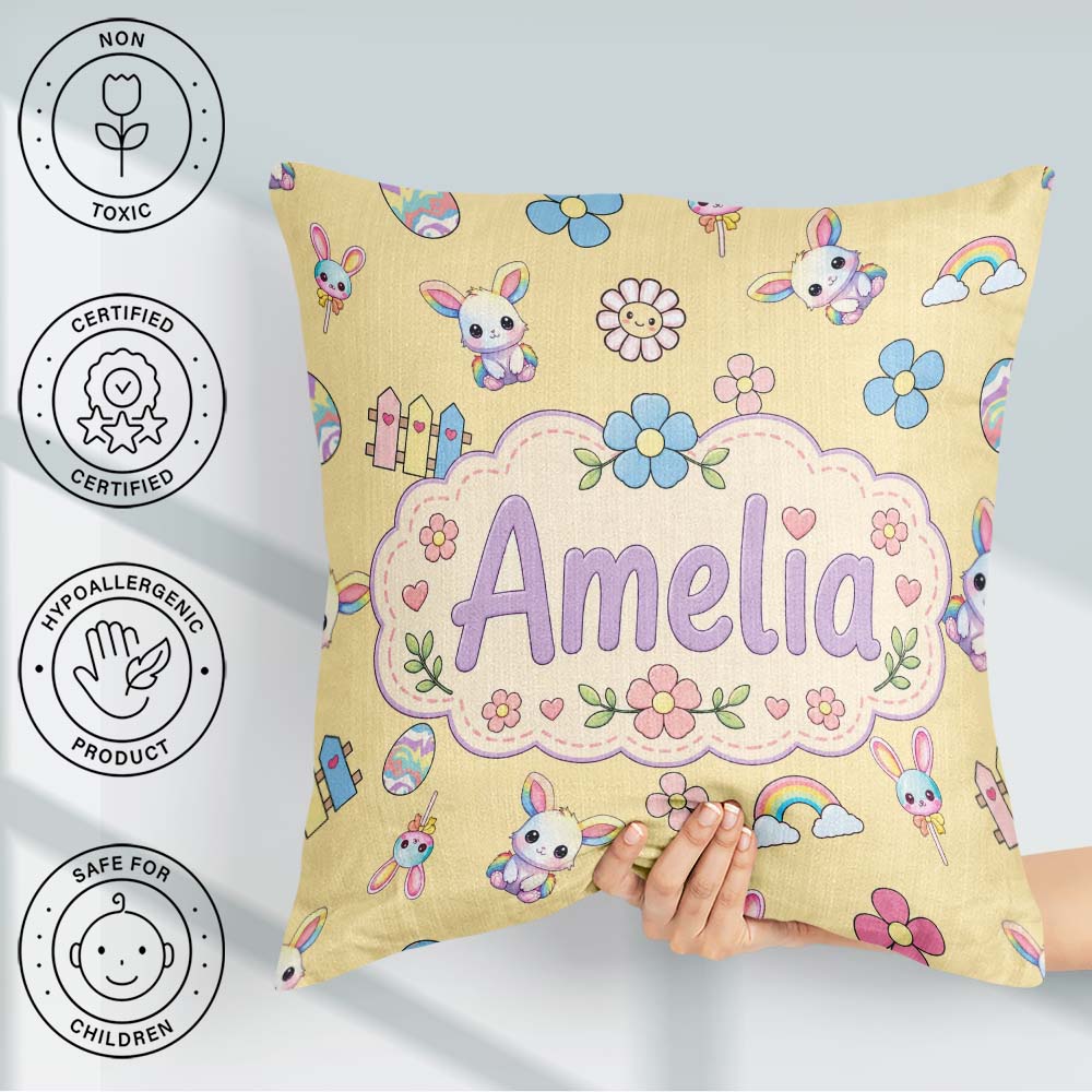 Custom Name Cute Rainbow Bunny Flower Easter Egg Seamless Yellow Square Filled Cushion Throw Pillow Sofa Bed Home Decor Zip Washable UK Made