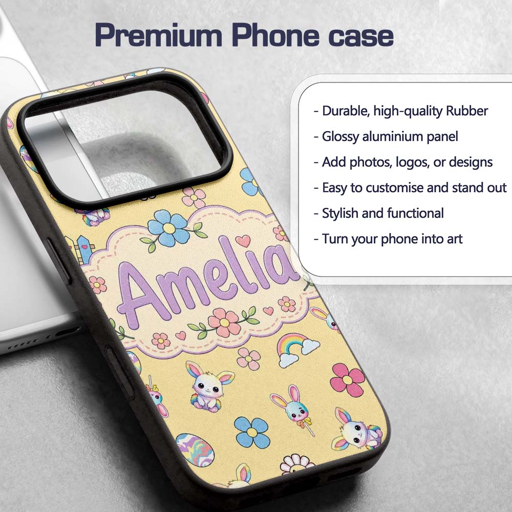 Cute Rainbow Bunny Flower Easter Egg Seamless Custom Name Protective Phone Case Mobile Cover Durable Everyday Smartphone Shock Resistant