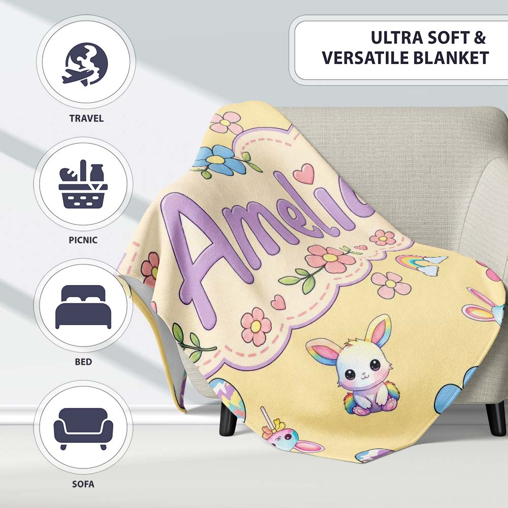 Cute Rainbow Bunny Flower Easter Egg Seamless Pattern Yellow Personalised Custom Name Super Soft Fleece Blanket Bed Sofa Throw