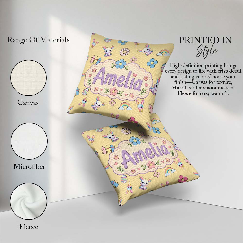 Custom Name Cute Rainbow Bunny Flower Easter Egg Seamless Yellow Square Filled Cushion Throw Pillow Sofa Bed Home Decor Zip Washable UK Made
