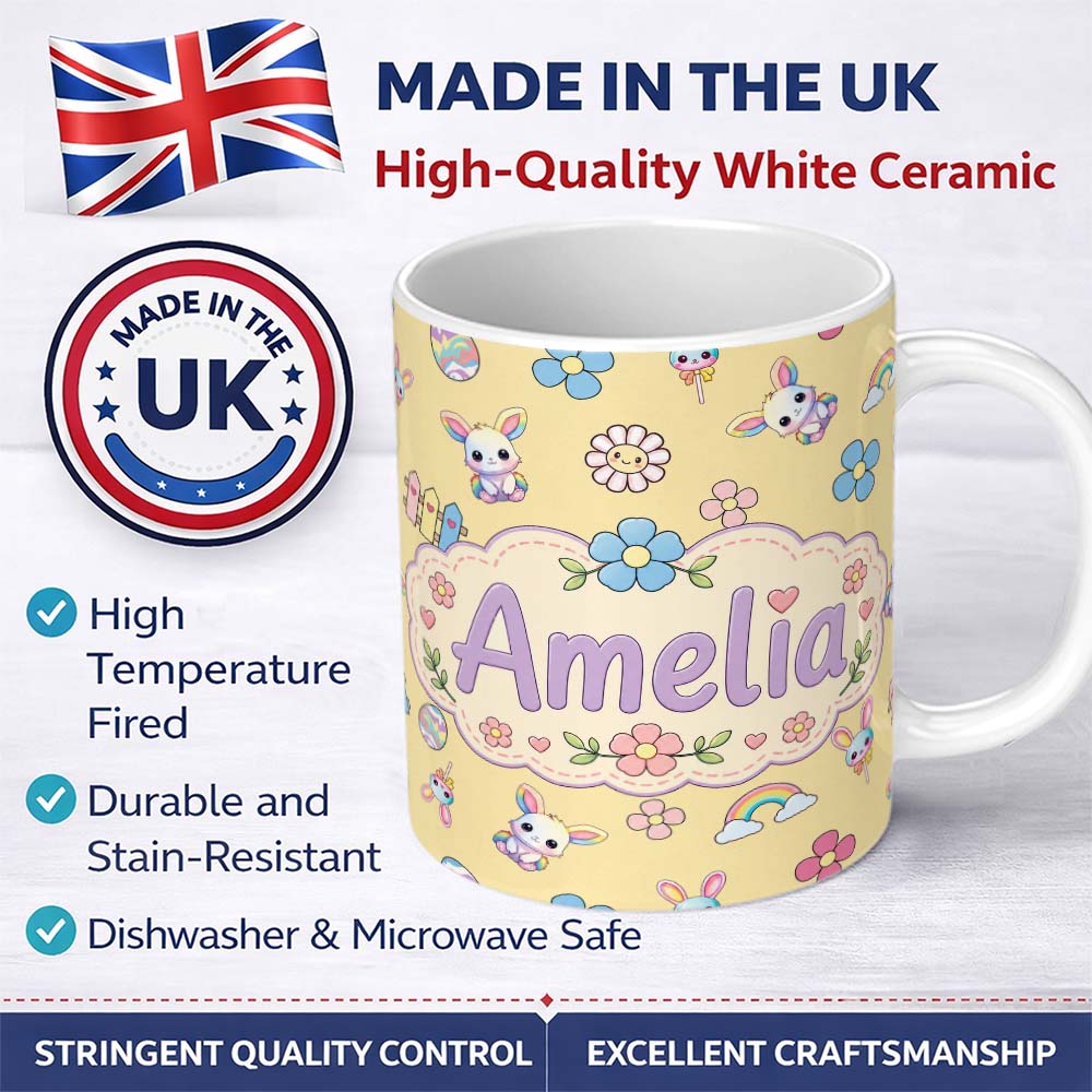 Personalized Custom Name Cute Rainbow Bunny Flower Easter Egg Seamless Pattern Yellow 11oz Ceramic Coffee Tea Mug White Large Handle