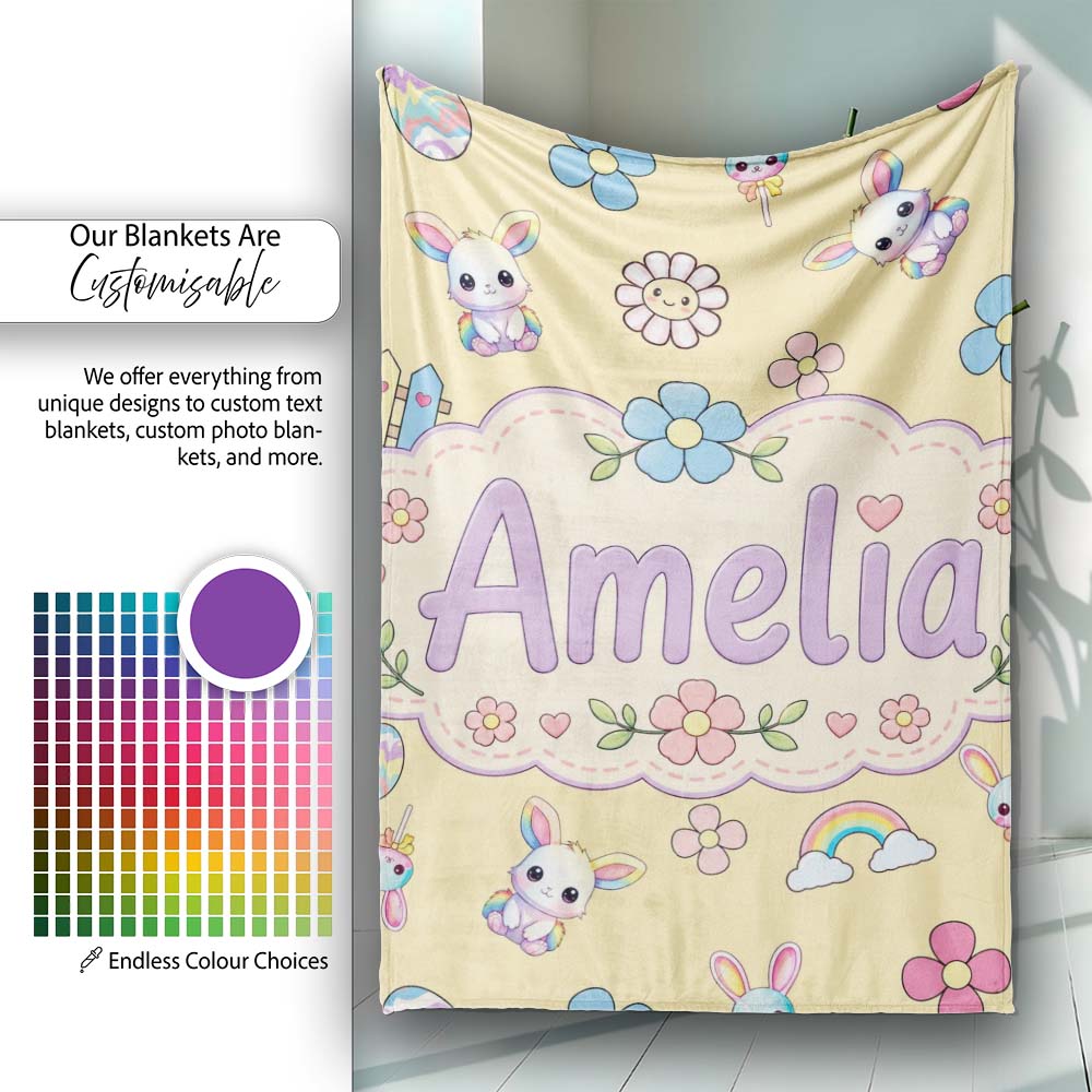 Cute Rainbow Bunny Flower Easter Egg Seamless Pattern Yellow Personalised Custom Name Super Soft Fleece Blanket Bed Sofa Throw