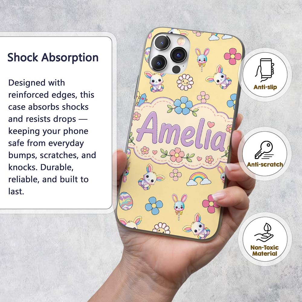 Cute Rainbow Bunny Flower Easter Egg Seamless Custom Name Protective Phone Case Mobile Cover Durable Everyday Smartphone Shock Resistant