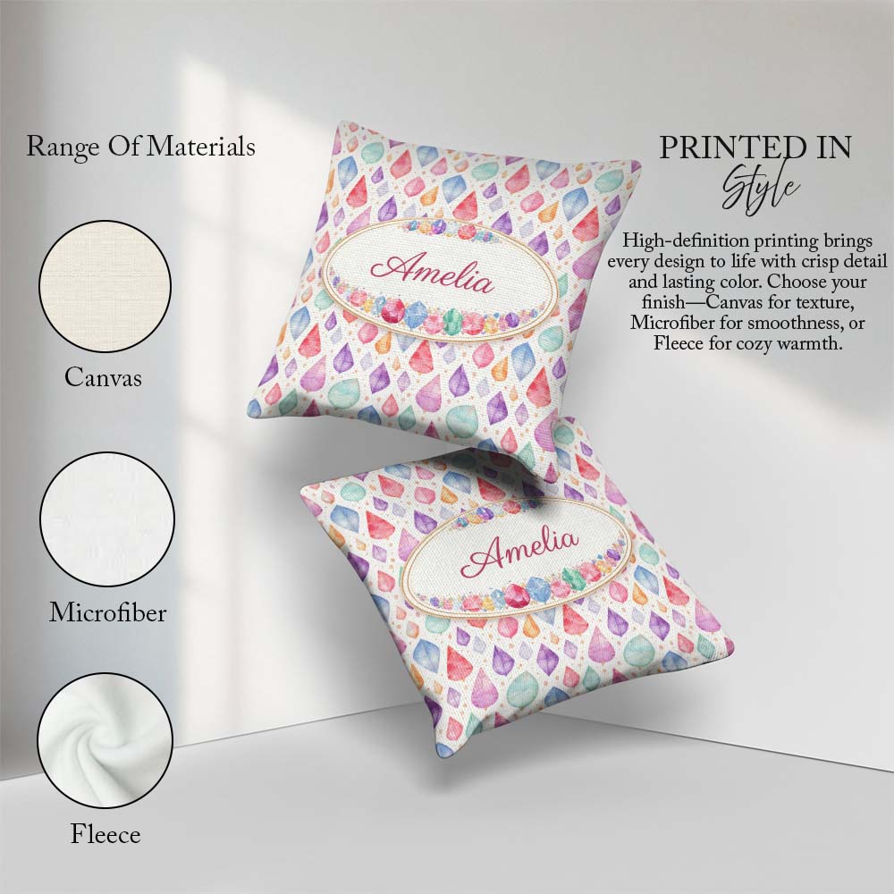 Custom Name Pastel Gemstone Seamless Light Background Watercolor Square Filled Cushion Throw Pillow Sofa Bed Home Decor Zip Washable UK Made