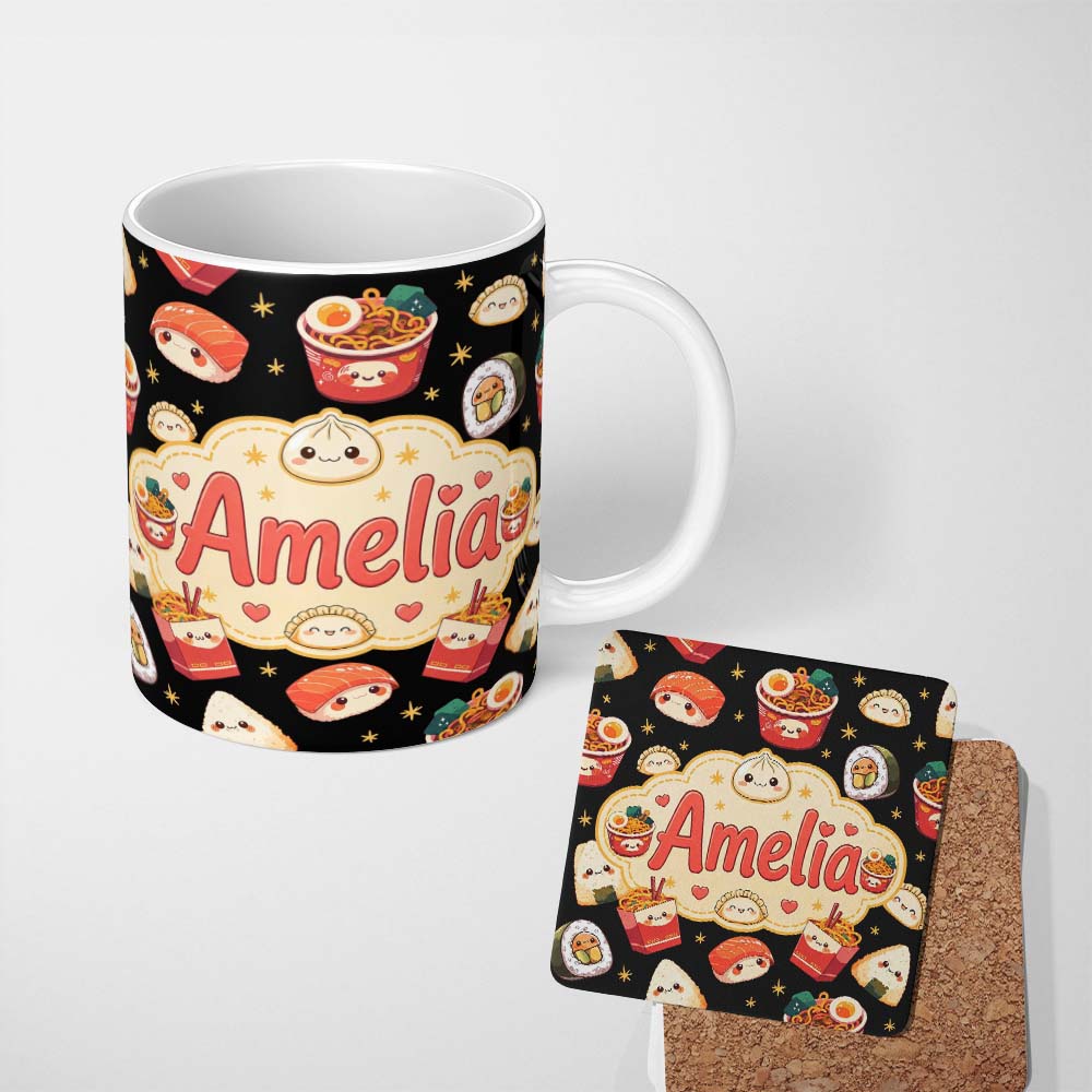 Personalized Custom Name Cute Kawaii Sushi Ramen Dumpling Asian Food Seamless Pattern Black 11oz Ceramic Coffee Tea Mug White Large Handle