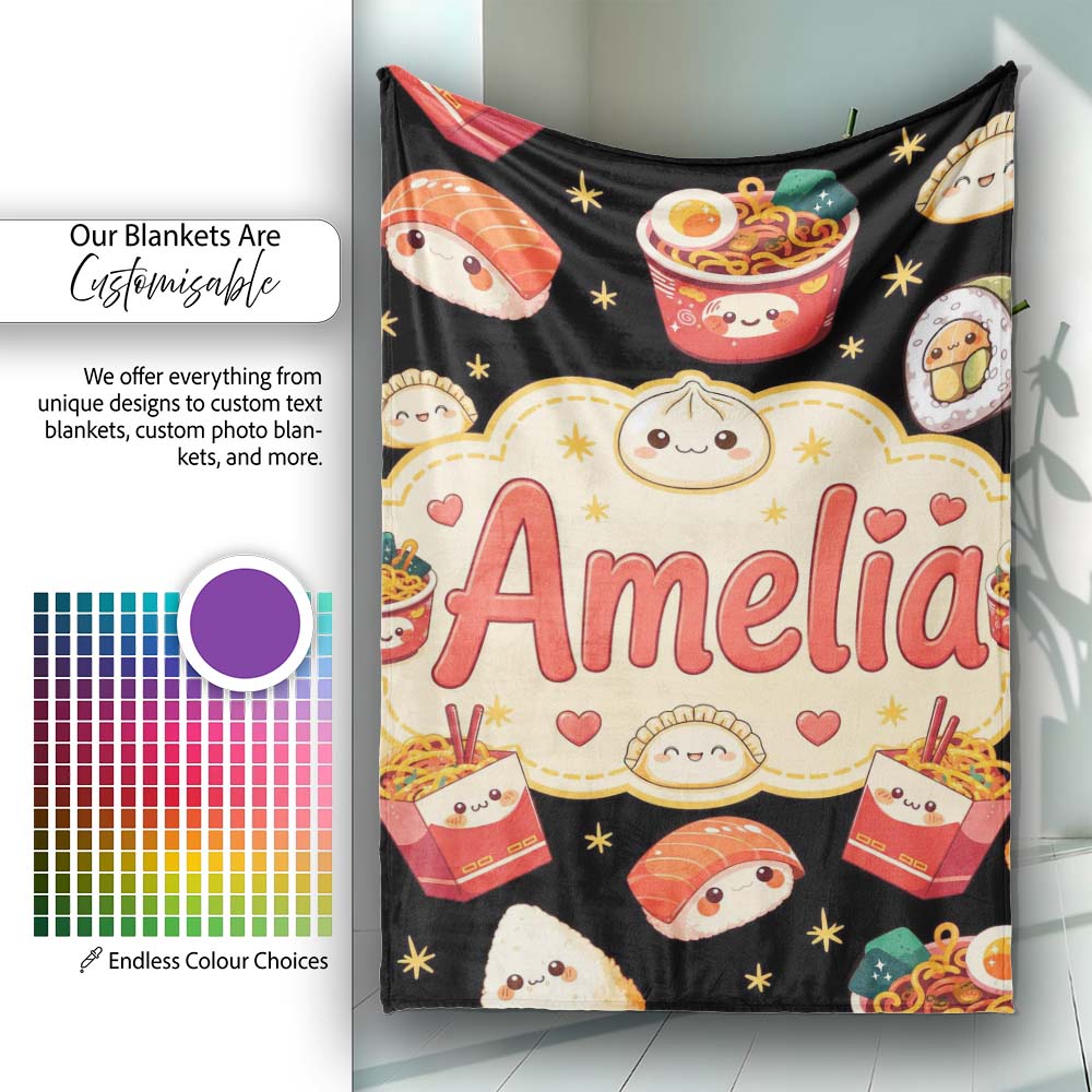 Cute Kawaii Sushi Ramen Dumpling Asian Food Seamless Pattern Black Personalised Custom Name Super Soft Fleece Blanket Bed Sofa Throw