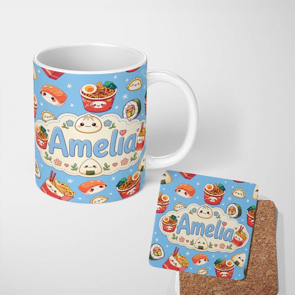 Personalized Custom Name Cute Kawaii Sushi Ramen Dumpling Asian Food Seamless Pattern Blue 11oz Ceramic Coffee Tea Mug White Large Handle