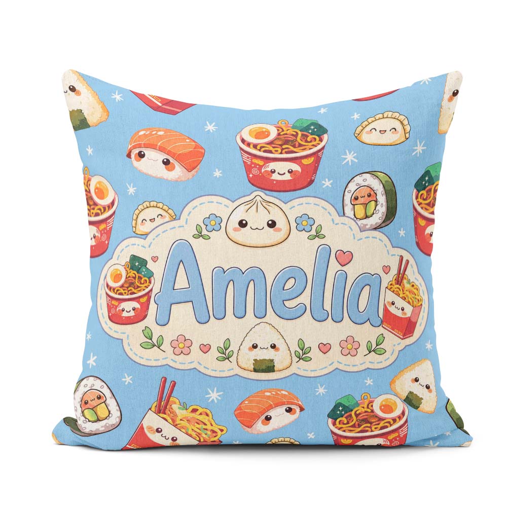 Custom Name Kawaii Sushi Ramen Dumpling Asian Food Seamless Blue Square Filled Cushion Throw Pillow Sofa Bed Home Decor Zip Washable UK Made