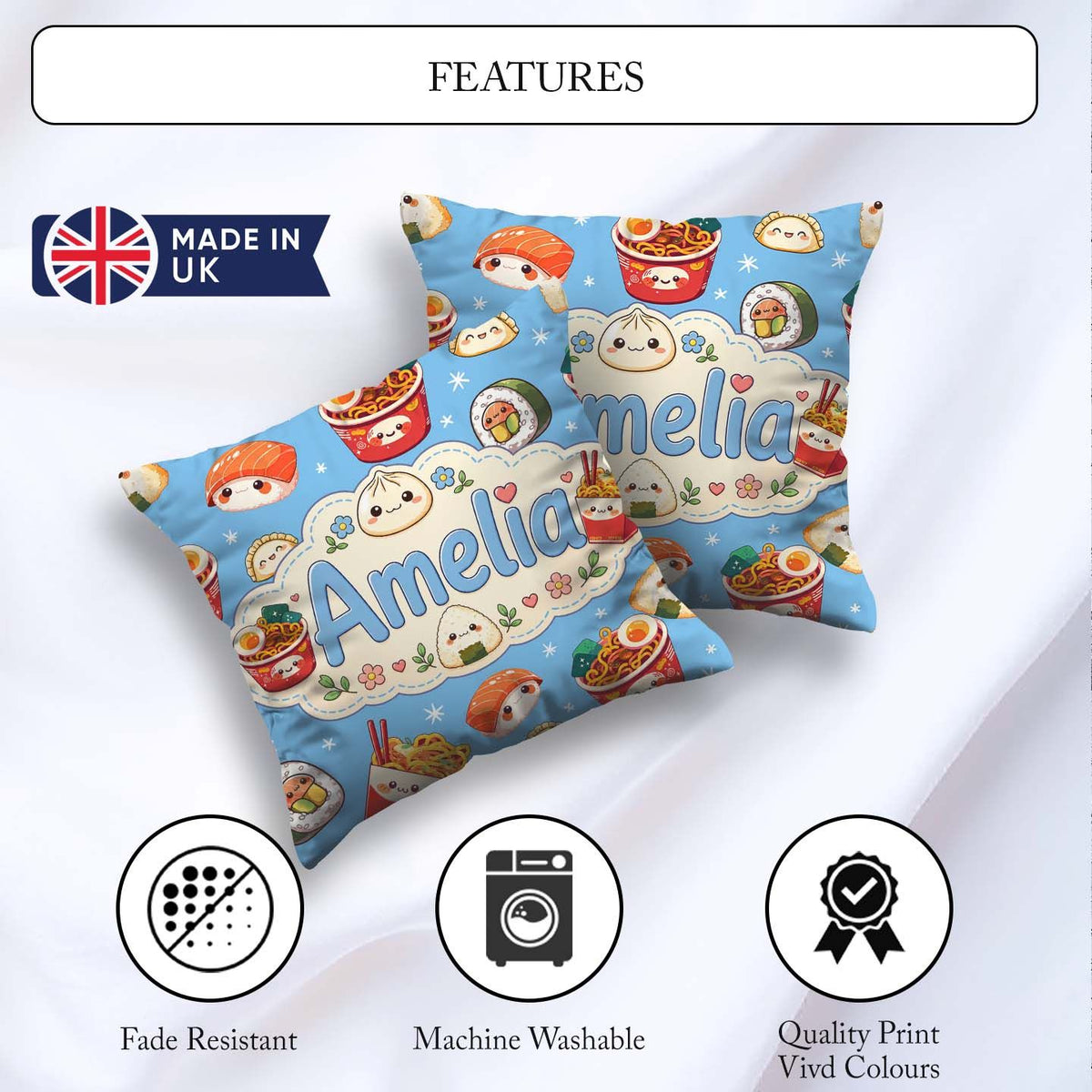 Custom Name Kawaii Sushi Ramen Dumpling Asian Food Seamless Blue Square Filled Cushion Throw Pillow Sofa Bed Home Decor Zip Washable UK Made