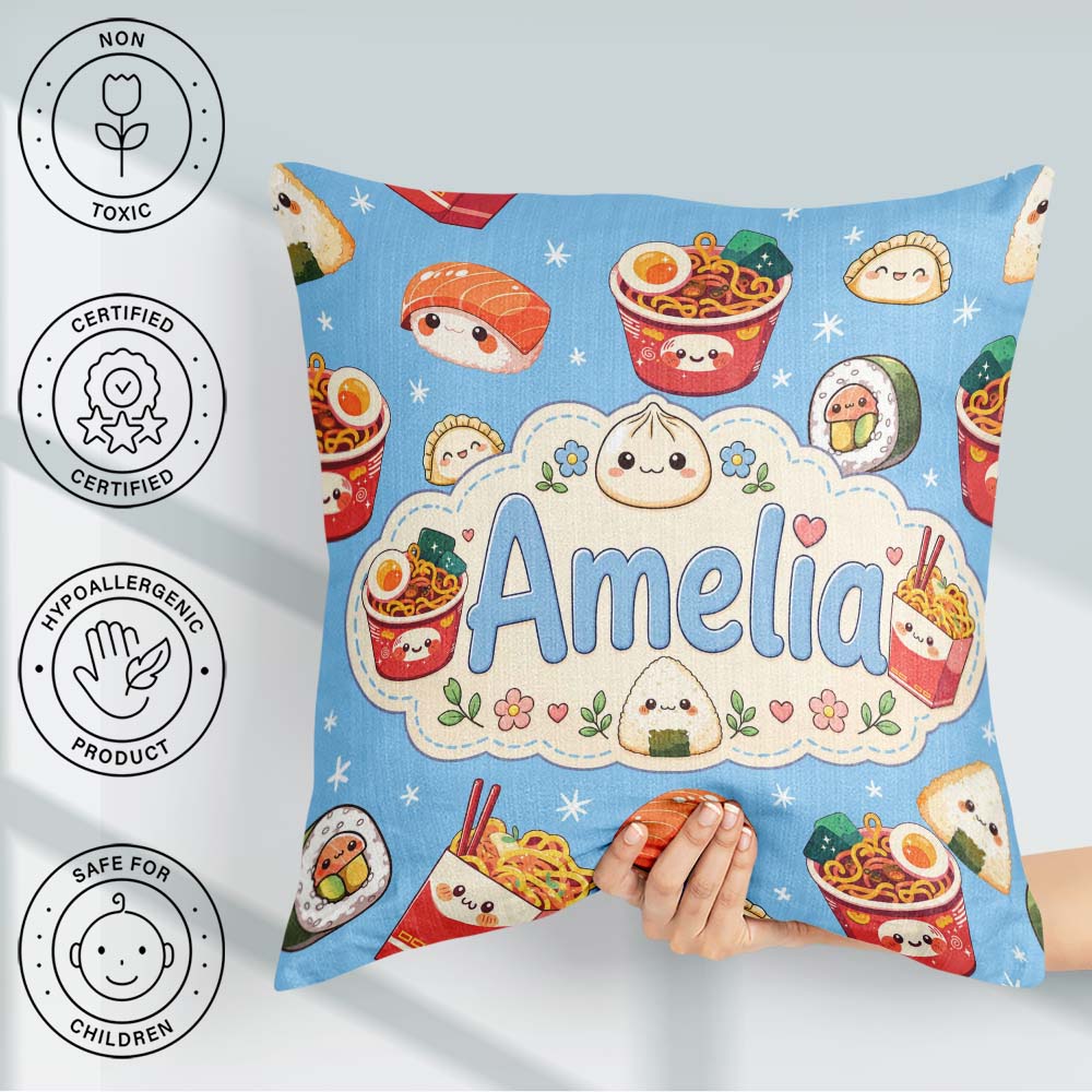 Custom Name Kawaii Sushi Ramen Dumpling Asian Food Seamless Blue Square Filled Cushion Throw Pillow Sofa Bed Home Decor Zip Washable UK Made