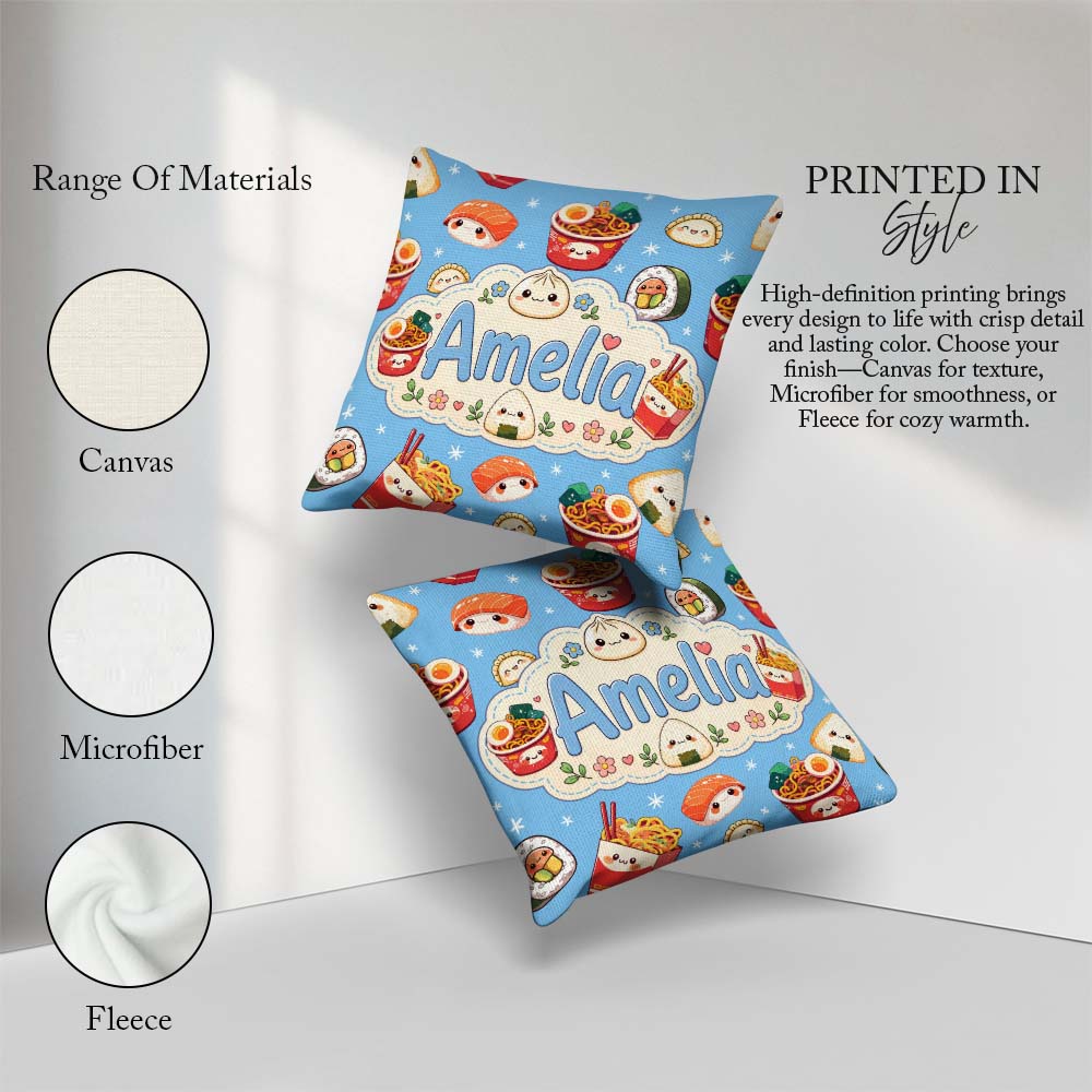 Custom Name Kawaii Sushi Ramen Dumpling Asian Food Seamless Blue Square Filled Cushion Throw Pillow Sofa Bed Home Decor Zip Washable UK Made