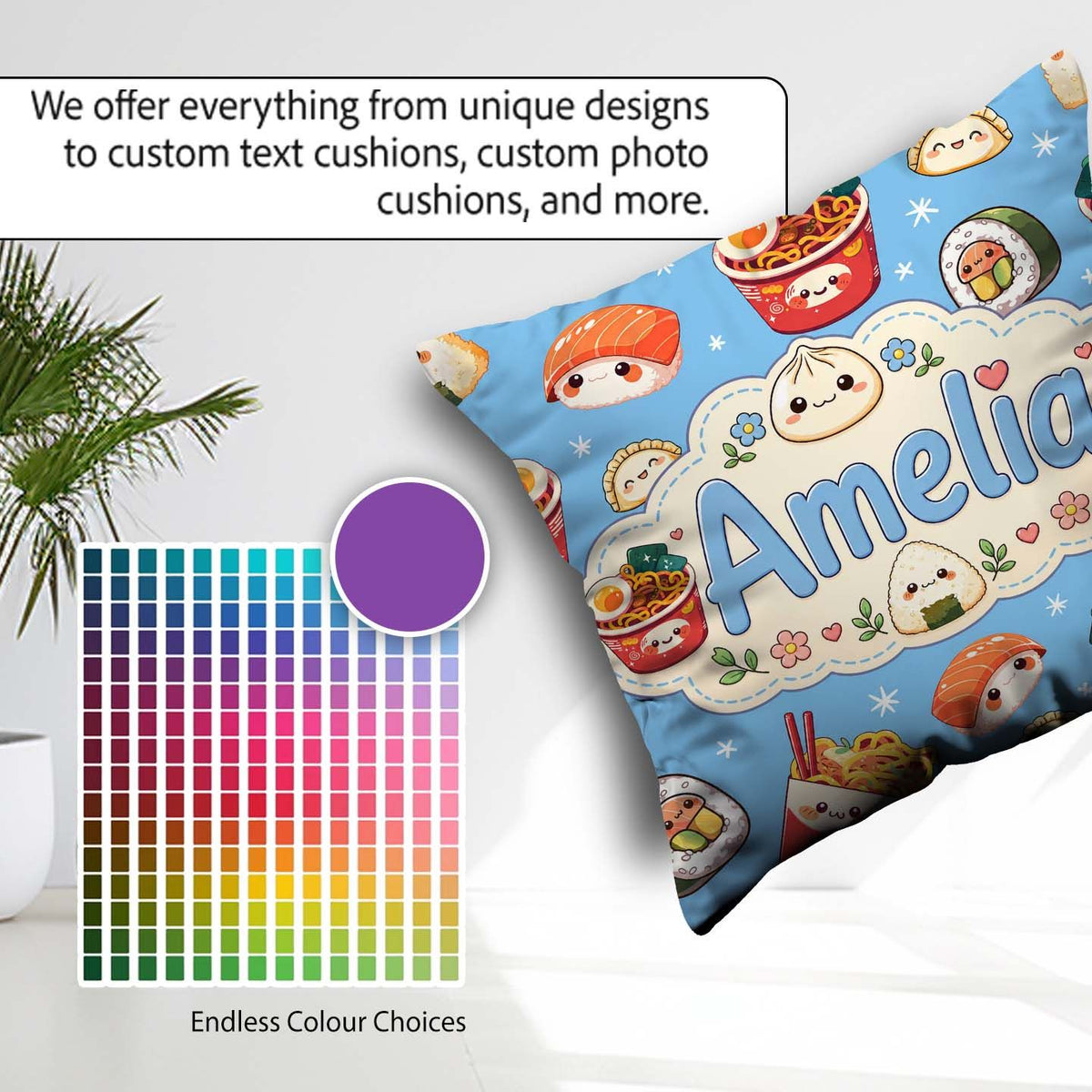 Custom Name Kawaii Sushi Ramen Dumpling Asian Food Seamless Blue Square Filled Cushion Throw Pillow Sofa Bed Home Decor Zip Washable UK Made