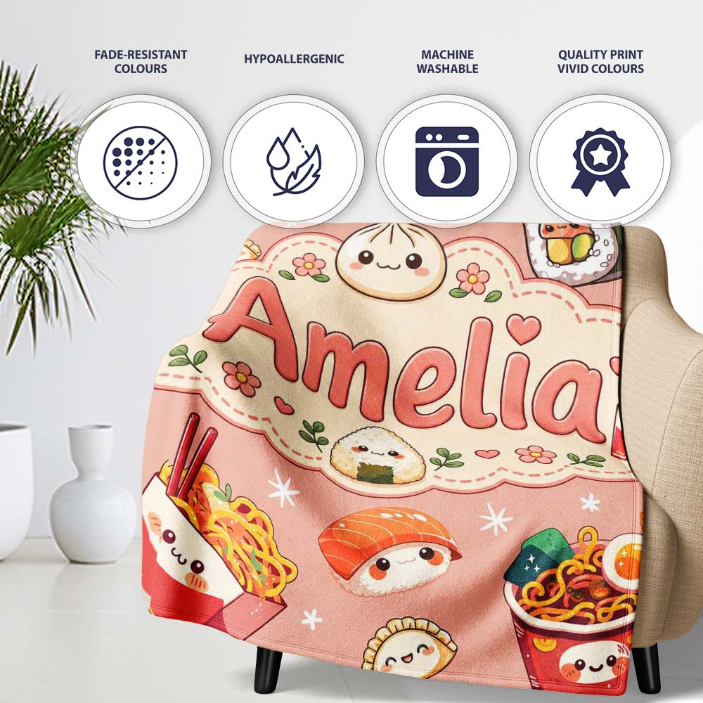 Cute Kawaii Sushi Ramen Dumpling Asian Food Seamless Pattern Peach Personalised Custom Name Super Soft Fleece Blanket Bed Sofa Throw