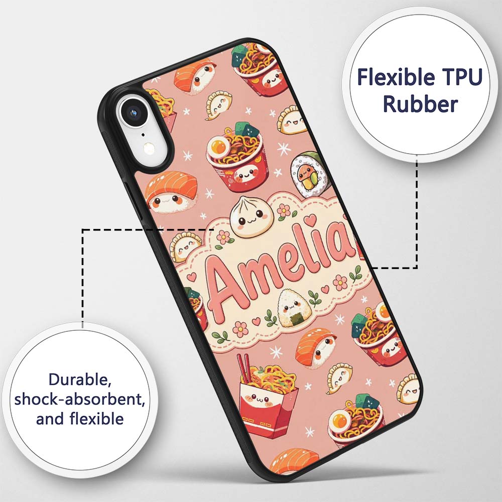 Cute Kawaii Sushi Ramen Dumpling Printed Design Custom Name Protective Phone Case Mobile Cover Durable Everyday Smartphone Shock Resistant