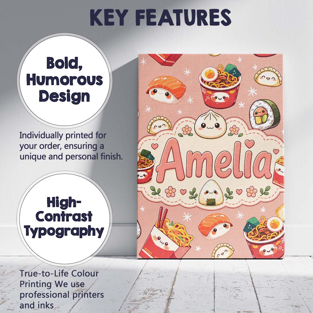 Personalised Name Cute Kawaii Sushi Ramen Custom Unique Gift Idea Elegant Feature Canvas Wall Art Print Decor Picture Ready to Hang