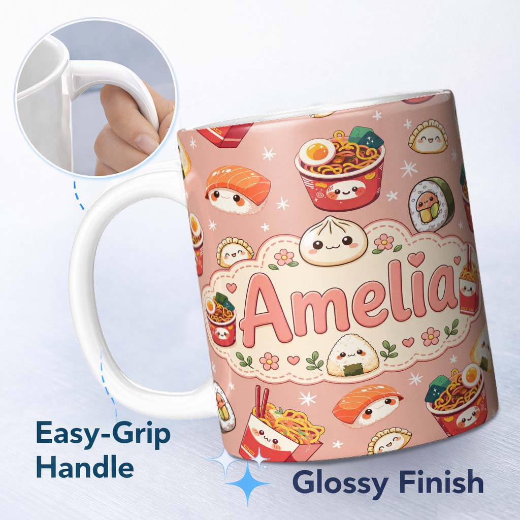 Personalized Custom Name Cute Kawaii Sushi Ramen Dumpling Asian Food Seamless Pattern Peach 11oz Ceramic Coffee Tea Mug White Large Handle