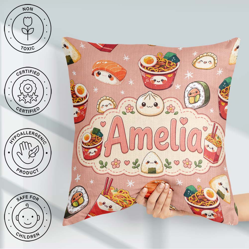 Custom Name Kawaii Sushi Ramen Dumpling Asian Food Pattern Peach Square Filled Cushion Throw Pillow Sofa Bed Home Decor Zip Washable UK Made
