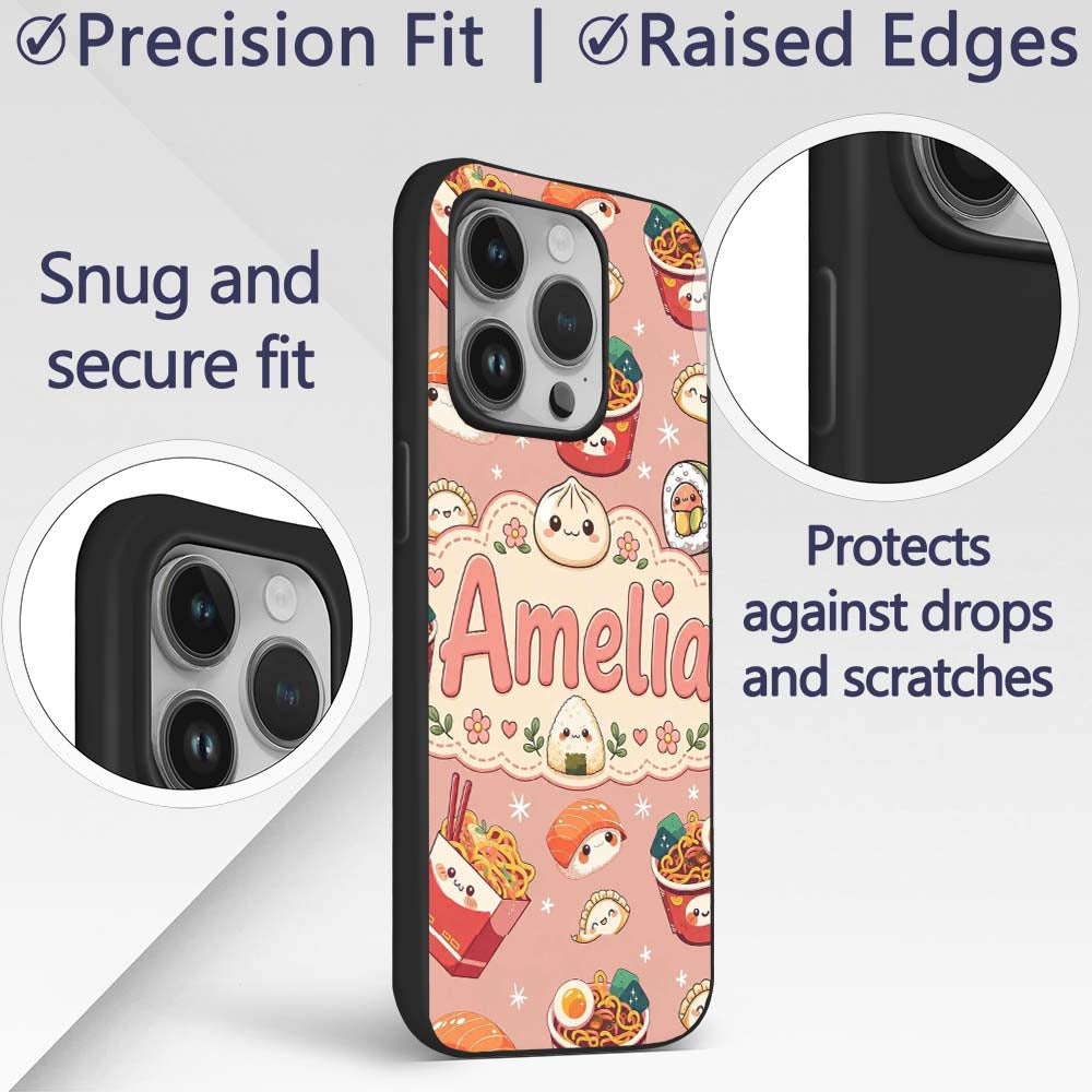 Cute Kawaii Sushi Ramen Dumpling Printed Design Custom Name Protective Phone Case Mobile Cover Durable Everyday Smartphone Shock Resistant