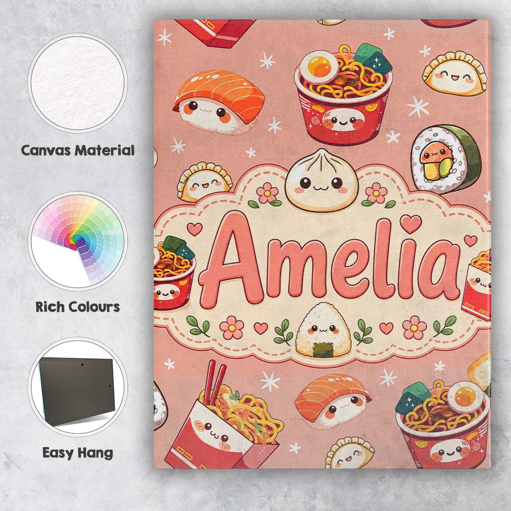 Personalised Name Cute Kawaii Sushi Ramen Custom Unique Gift Idea Elegant Feature Canvas Wall Art Print Decor Picture Ready to Hang