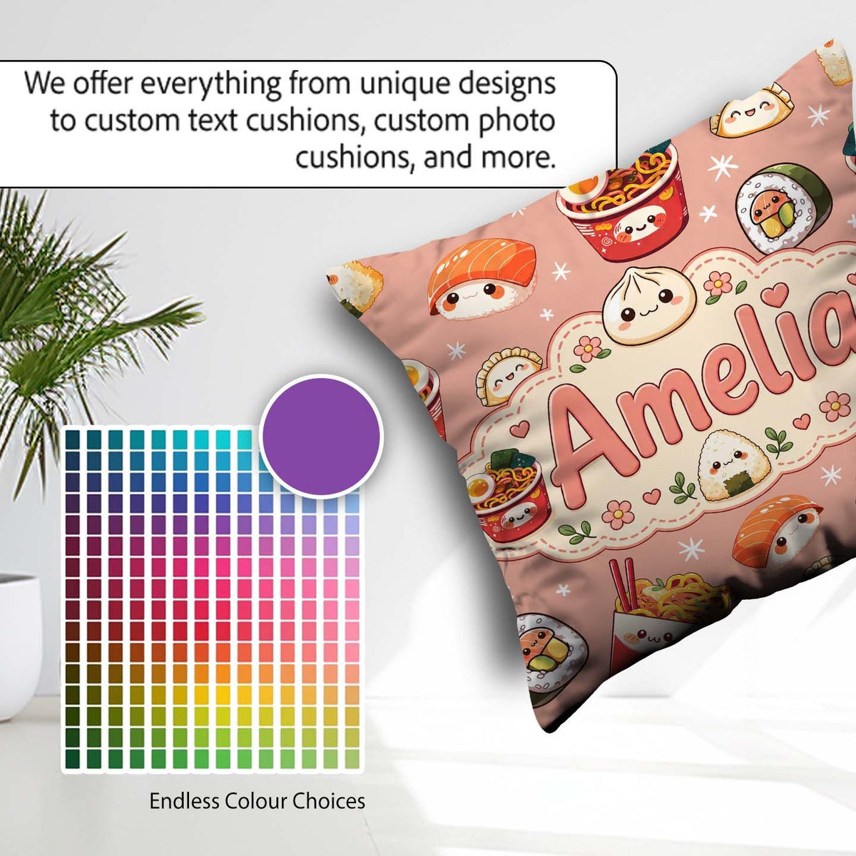 Custom Name Kawaii Sushi Ramen Dumpling Asian Food Pattern Peach Square Filled Cushion Throw Pillow Sofa Bed Home Decor Zip Washable UK Made