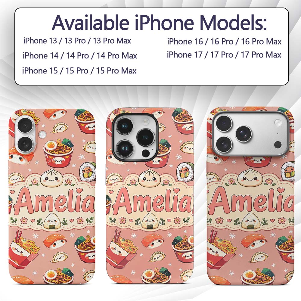 Cute Kawaii Sushi Ramen Dumpling Printed Design Custom Name Protective Phone Case Mobile Cover Durable Everyday Smartphone Shock Resistant