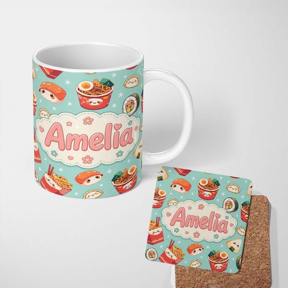 Personalized Custom Name Cute Kawaii Sushi Ramen Dumpling Asian Food Seamless Pattern Teal 11oz Ceramic Coffee Tea Mug White Large Handle