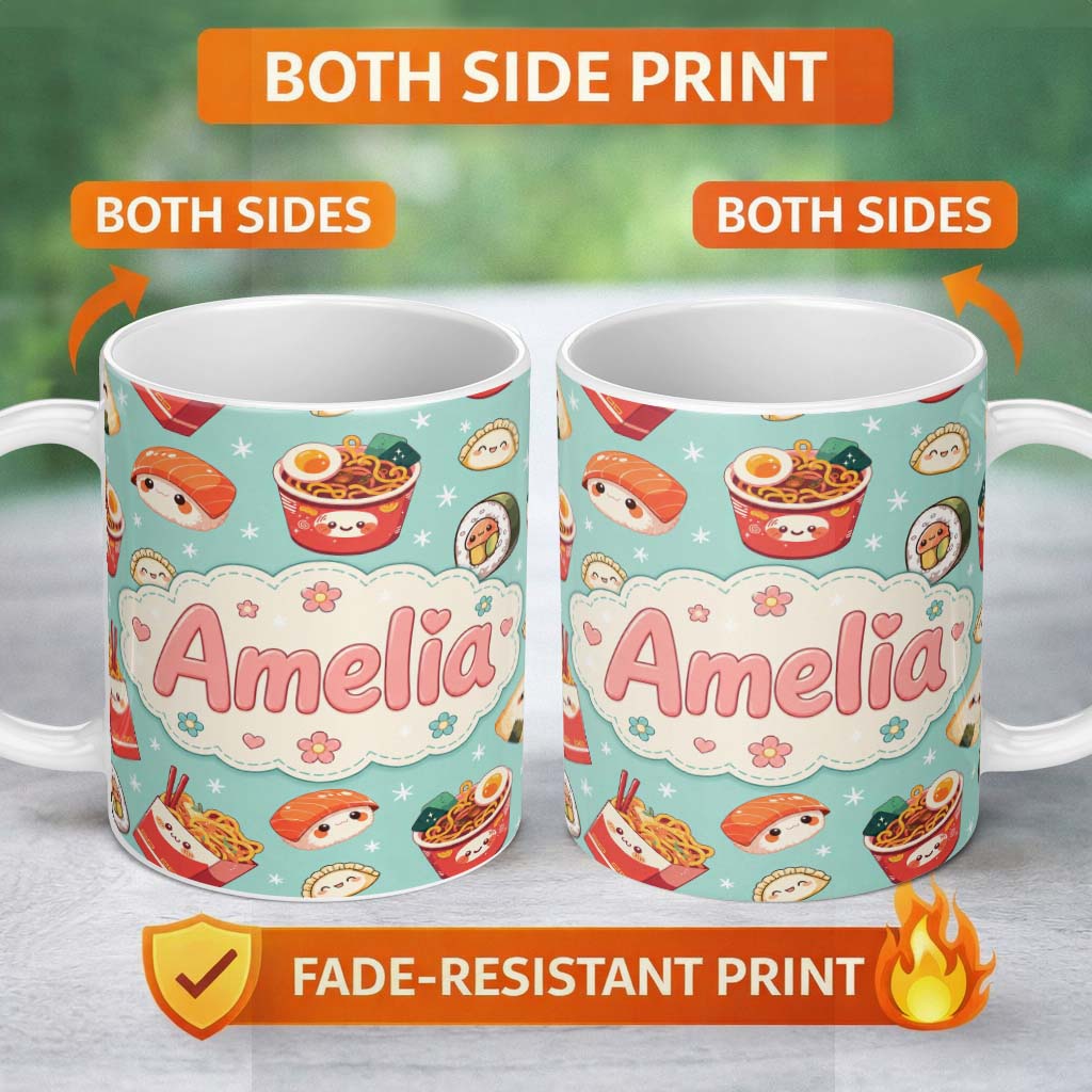 Personalized Custom Name Cute Kawaii Sushi Ramen Dumpling Asian Food Seamless Pattern Teal 11oz Ceramic Coffee Tea Mug White Large Handle