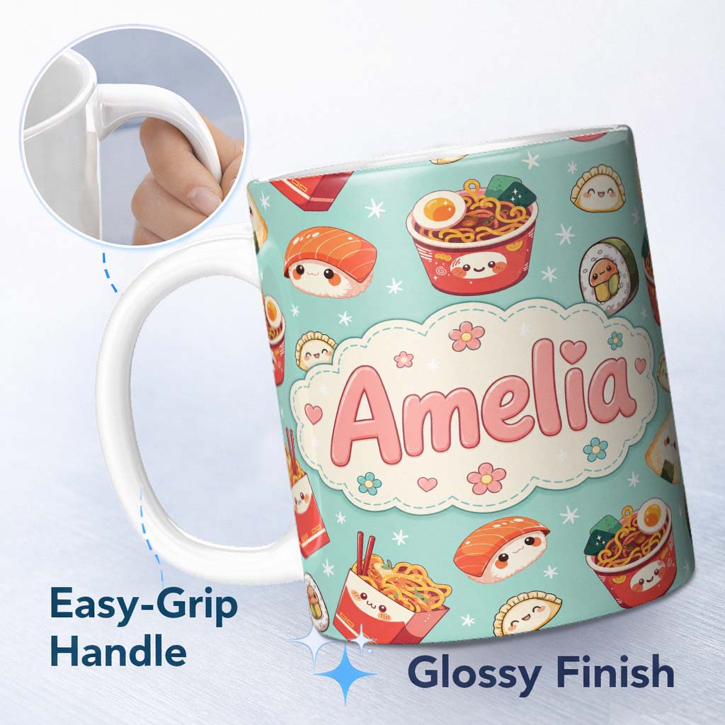 Personalized Custom Name Cute Kawaii Sushi Ramen Dumpling Asian Food Seamless Pattern Teal 11oz Ceramic Coffee Tea Mug White Large Handle
