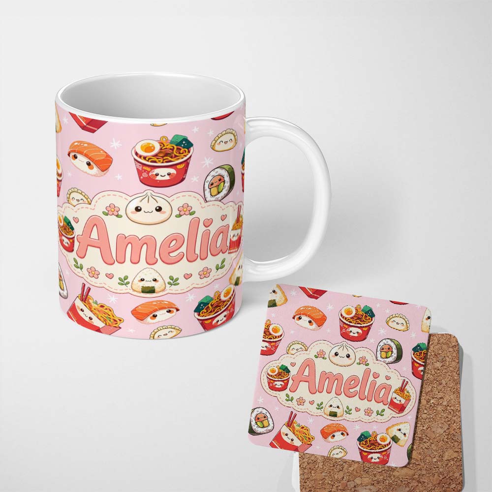 Personalized Custom Name Kawaii Sushi Ramen Dumpling Asian Food Seamless Pattern Soft Pink 11oz Ceramic Coffee Tea Mug White Large Handle