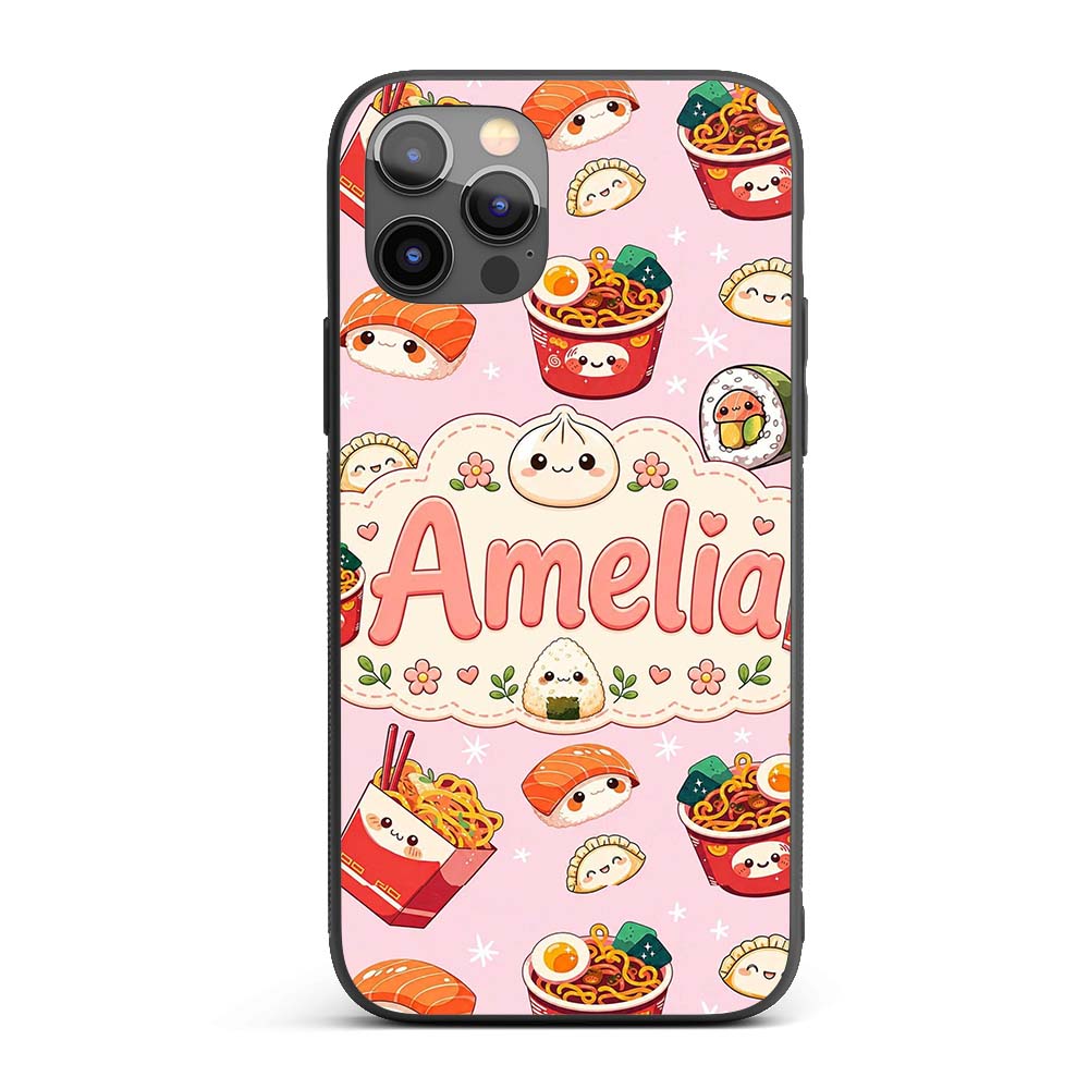 Kawaii Sushi Ramen Dumpling Asian Food Seamless Custom Name Protective Phone Case Mobile Cover Durable Everyday Smartphone Shock Resistant