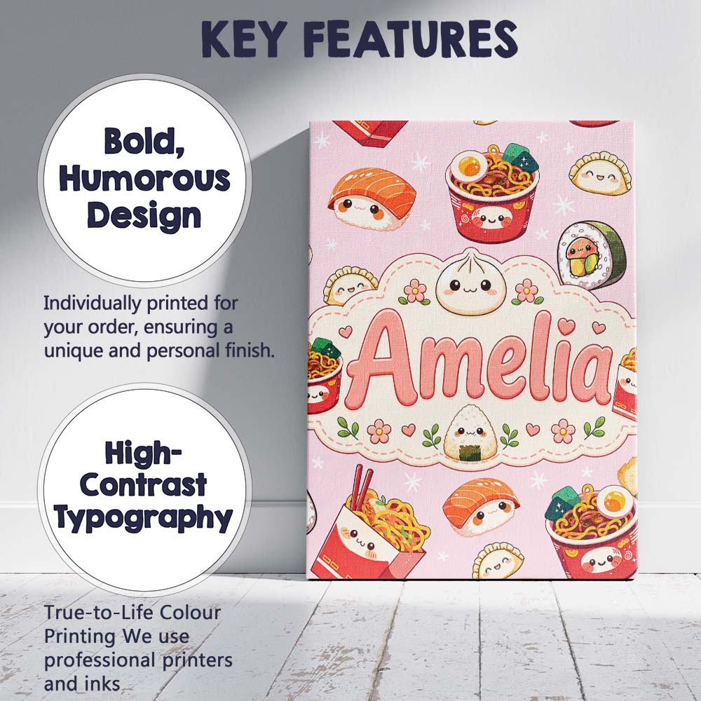 Personalised Name Kawaii Sushi Ramen Custom Premium Decorative Design Modern Room Accent Canvas Wall Art Print Decor Picture Ready to Hang