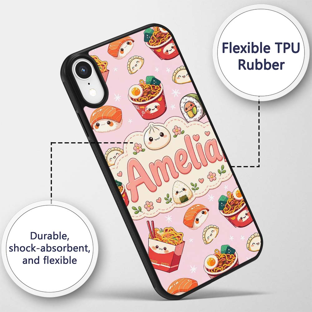 Kawaii Sushi Ramen Dumpling Asian Food Seamless Custom Name Protective Phone Case Mobile Cover Durable Everyday Smartphone Shock Resistant