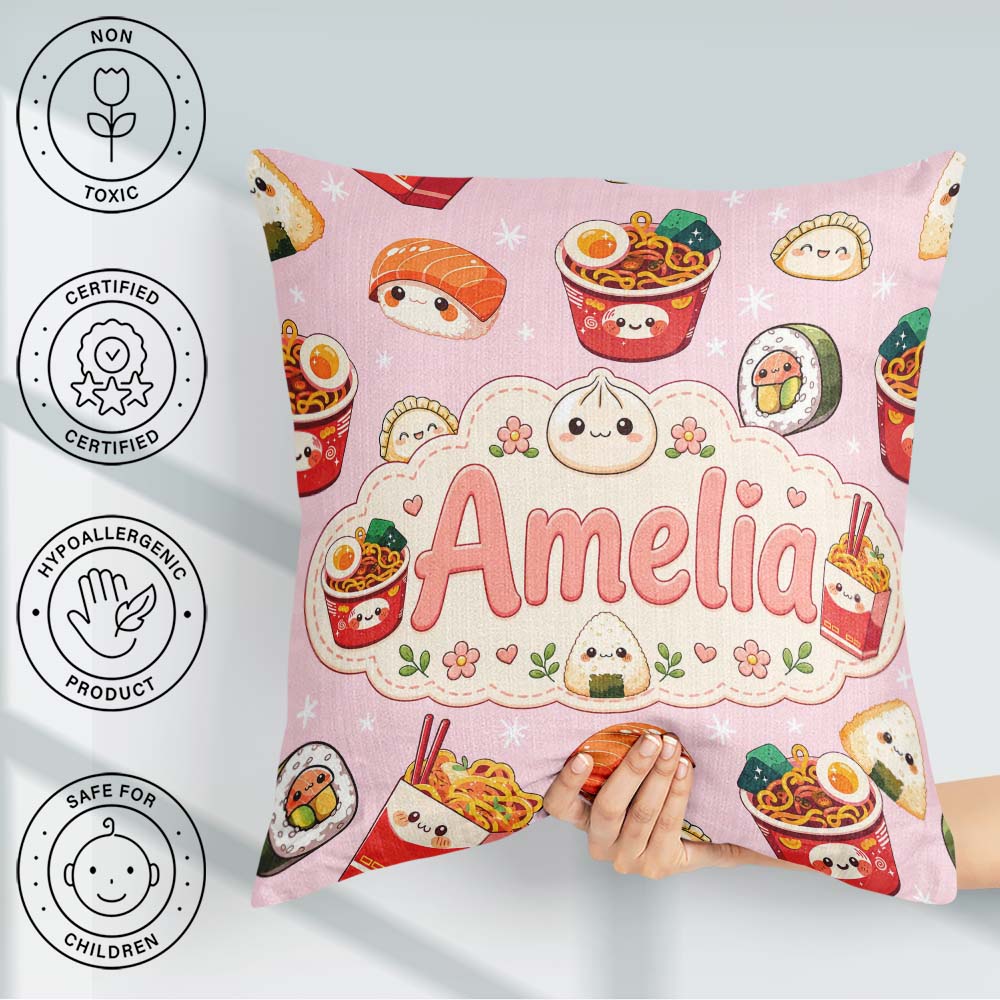 Custom Name Kawaii Sushi Ramen Dumpling Asian Food Seamless Soft Square Filled Cushion Throw Pillow Sofa Bed Home Decor Zip Washable UK Made