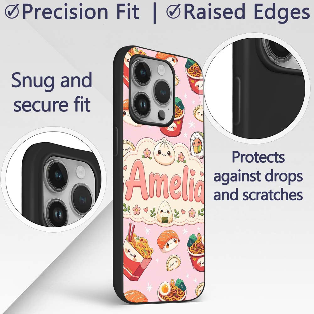 Kawaii Sushi Ramen Dumpling Asian Food Seamless Custom Name Protective Phone Case Mobile Cover Durable Everyday Smartphone Shock Resistant