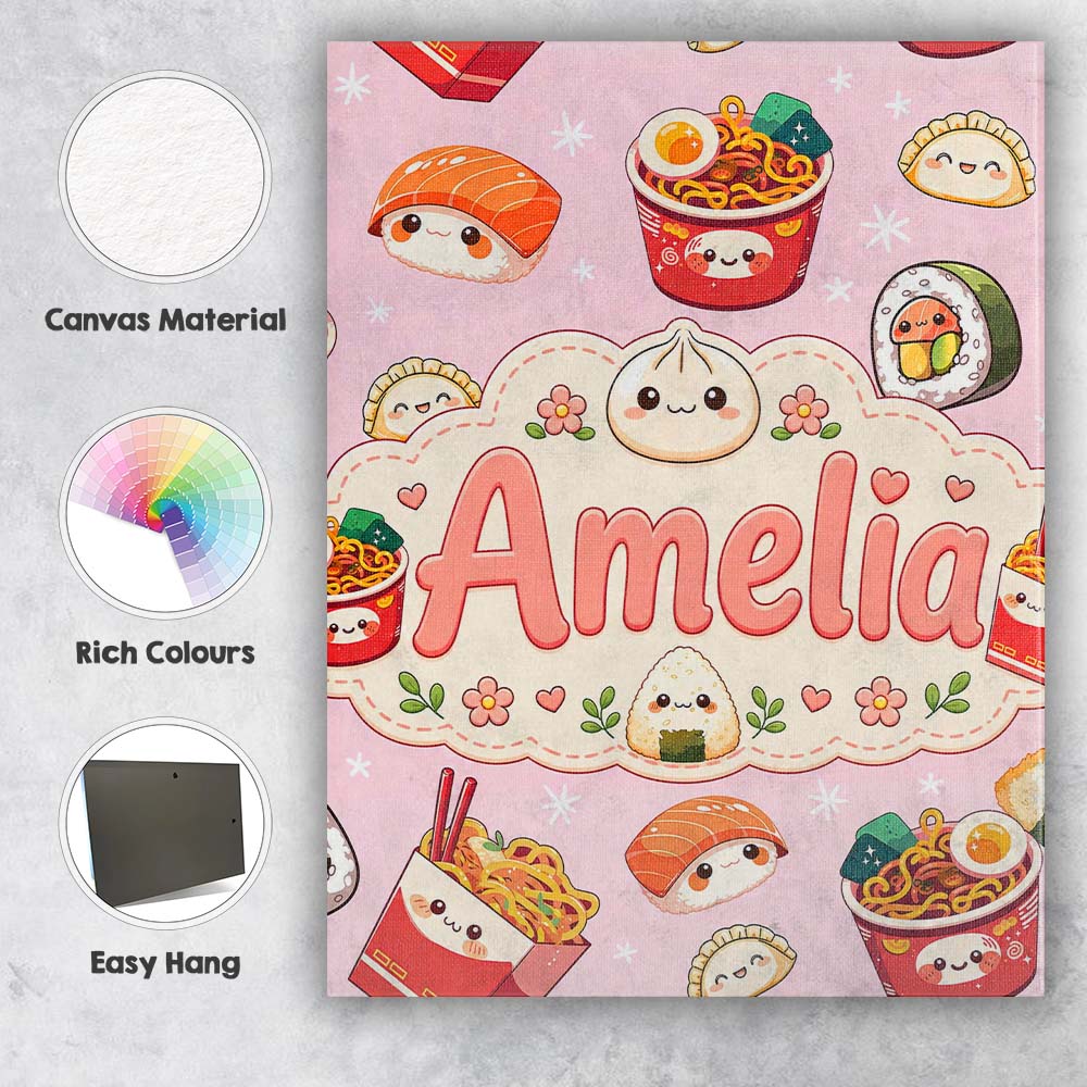 Personalised Name Kawaii Sushi Ramen Custom Premium Decorative Design Modern Room Accent Canvas Wall Art Print Decor Picture Ready to Hang