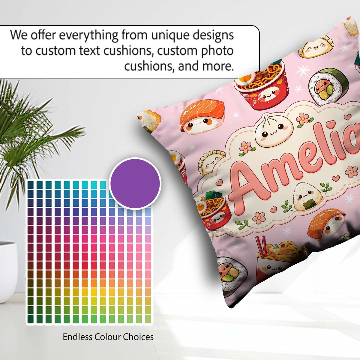 Custom Name Kawaii Sushi Ramen Dumpling Asian Food Seamless Soft Square Filled Cushion Throw Pillow Sofa Bed Home Decor Zip Washable UK Made