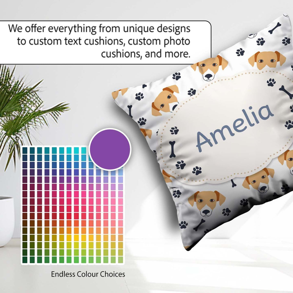 Custom Name Dog Faces Paw Prints Bones White Background Seamless Square Filled Cushion Throw Pillow Sofa Bed Home Decor Zip Washable UK Made