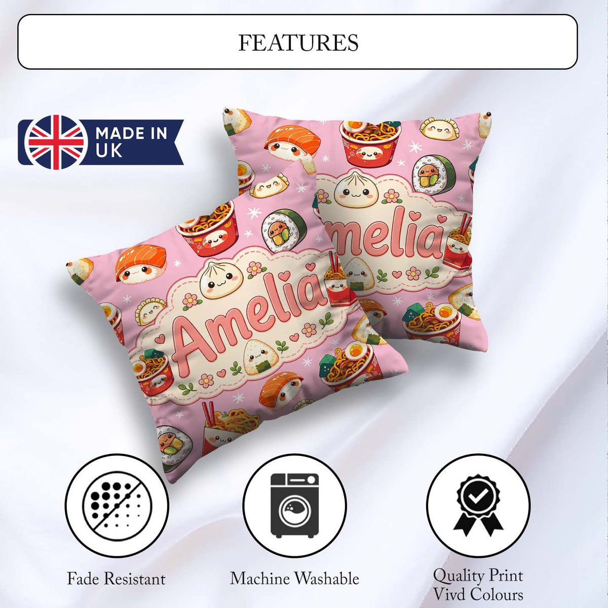 Custom Name Kawaii Sushi Ramen Dumpling Asian Food Seamless Rose Square Filled Cushion Throw Pillow Sofa Bed Home Decor Zip Washable UK Made