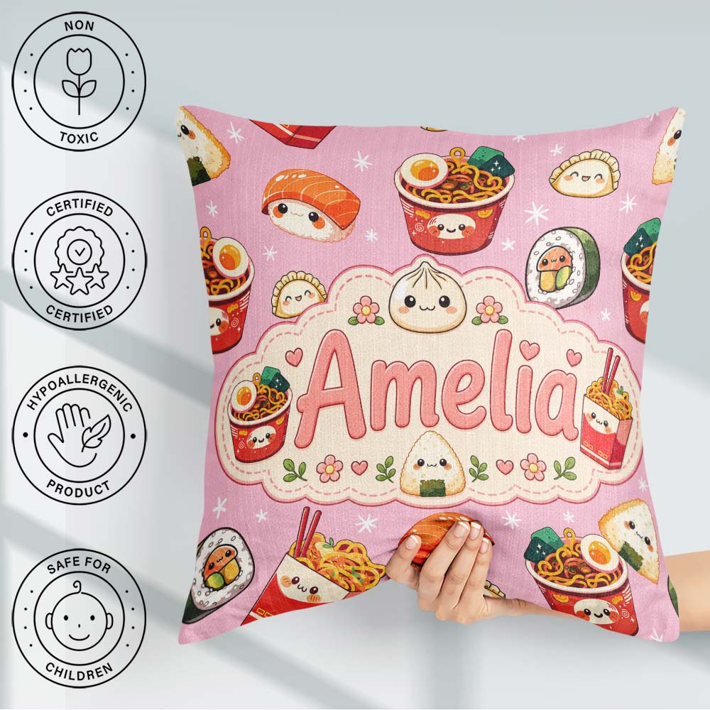 Custom Name Kawaii Sushi Ramen Dumpling Asian Food Seamless Rose Square Filled Cushion Throw Pillow Sofa Bed Home Decor Zip Washable UK Made